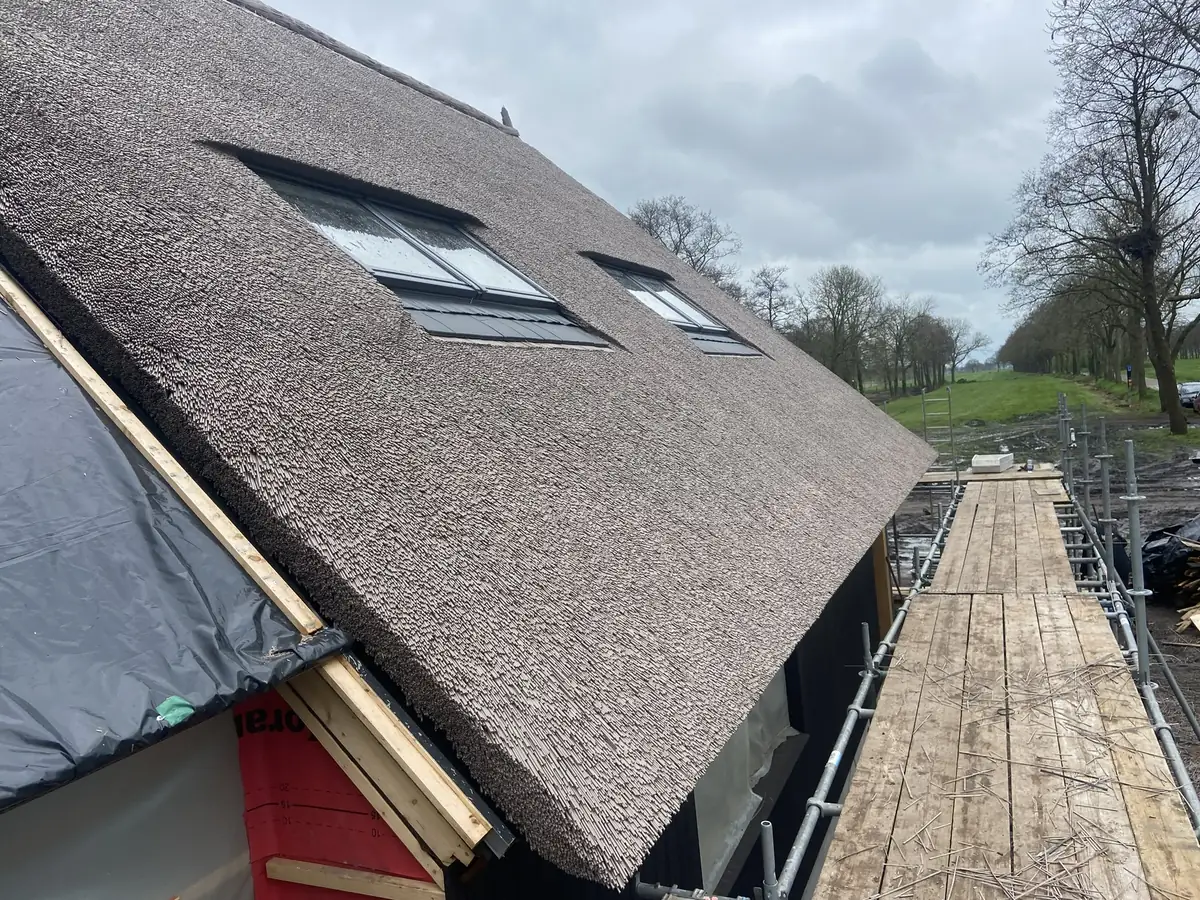 Dakramen in een nieuw rietdek tijdens de bouw